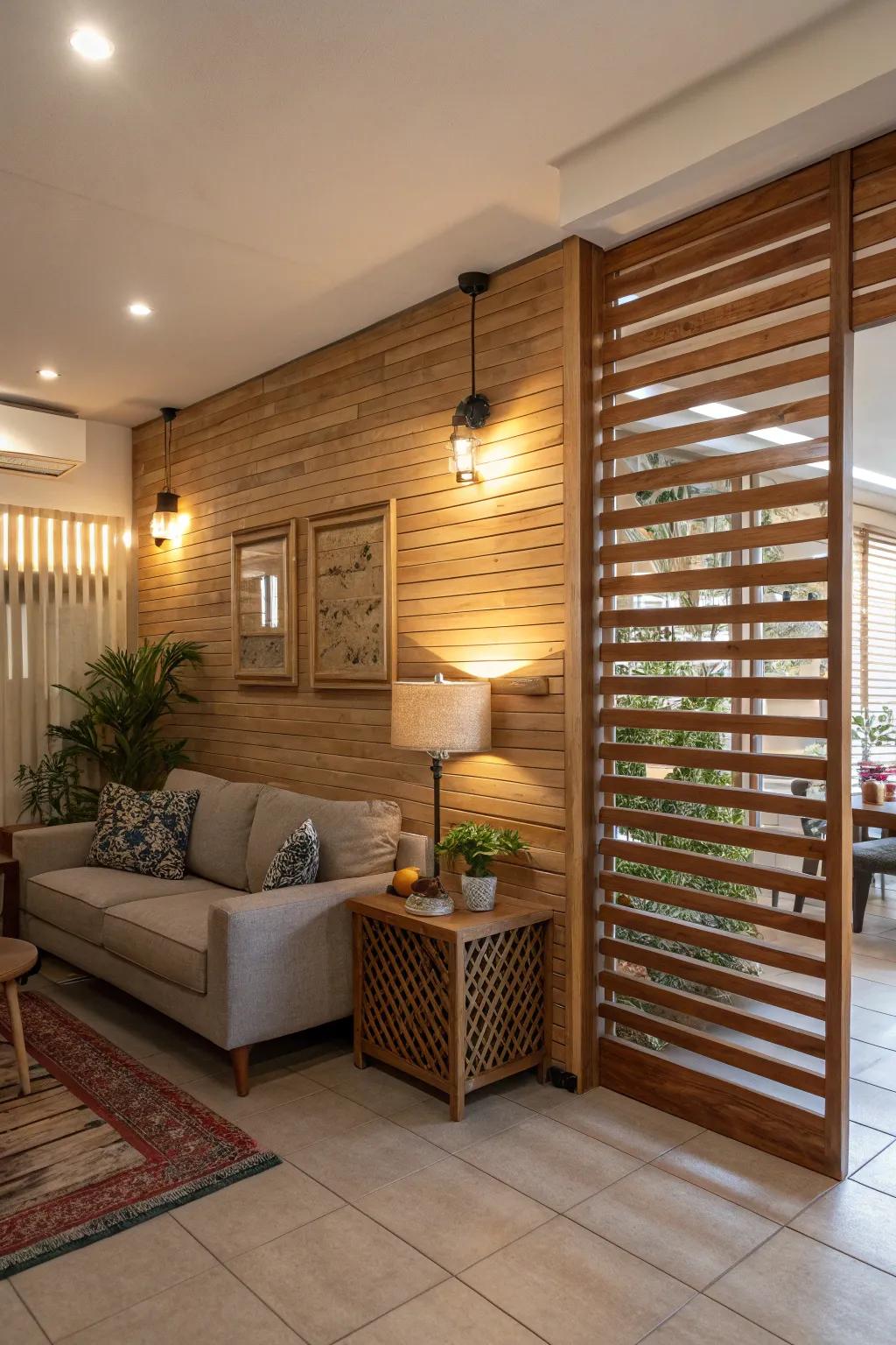 A cozy living space with a wood panel half wall, allowing for natural light.