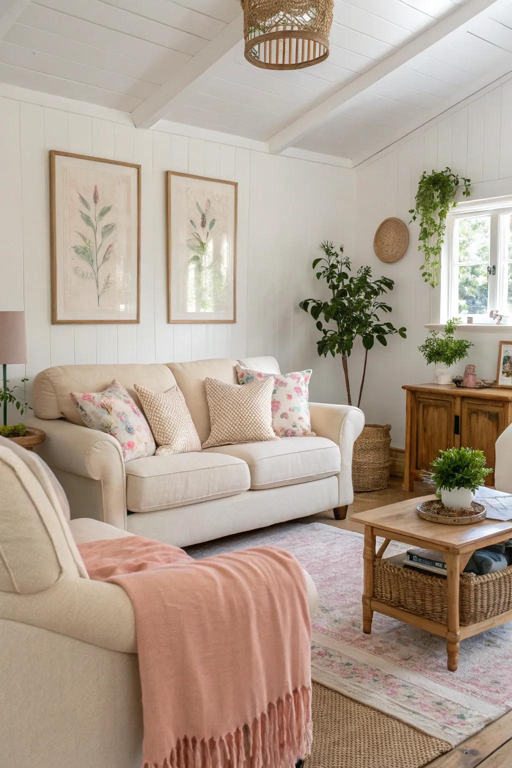 A living area showcasing a gentle, neutral color palette for a soothing atmosphere.