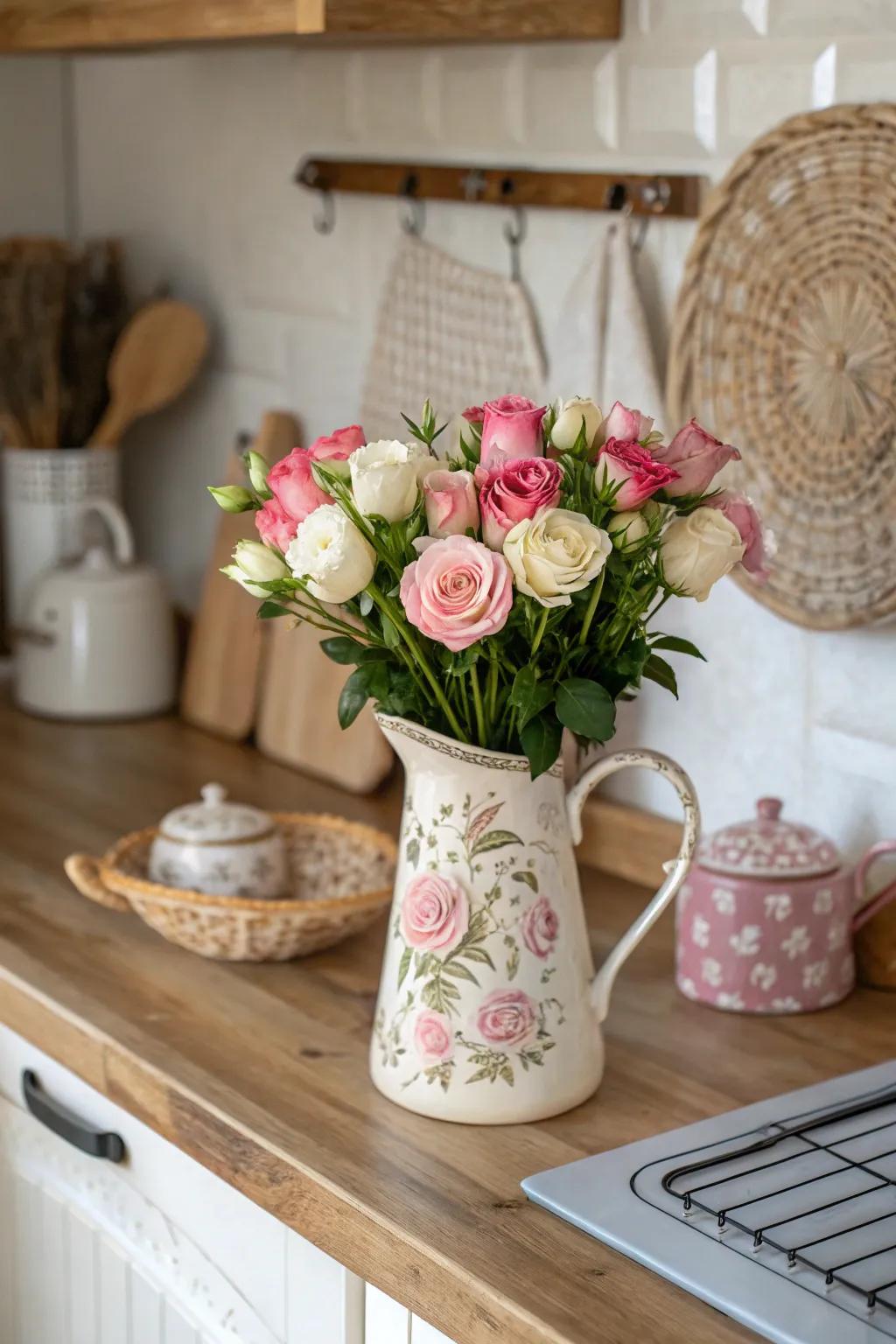 Countryside allure by way of a pottery pitcher plus subtle roses.