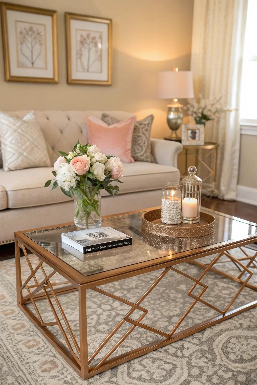 A remarkable rose gold center table enhances refinement to the living space.