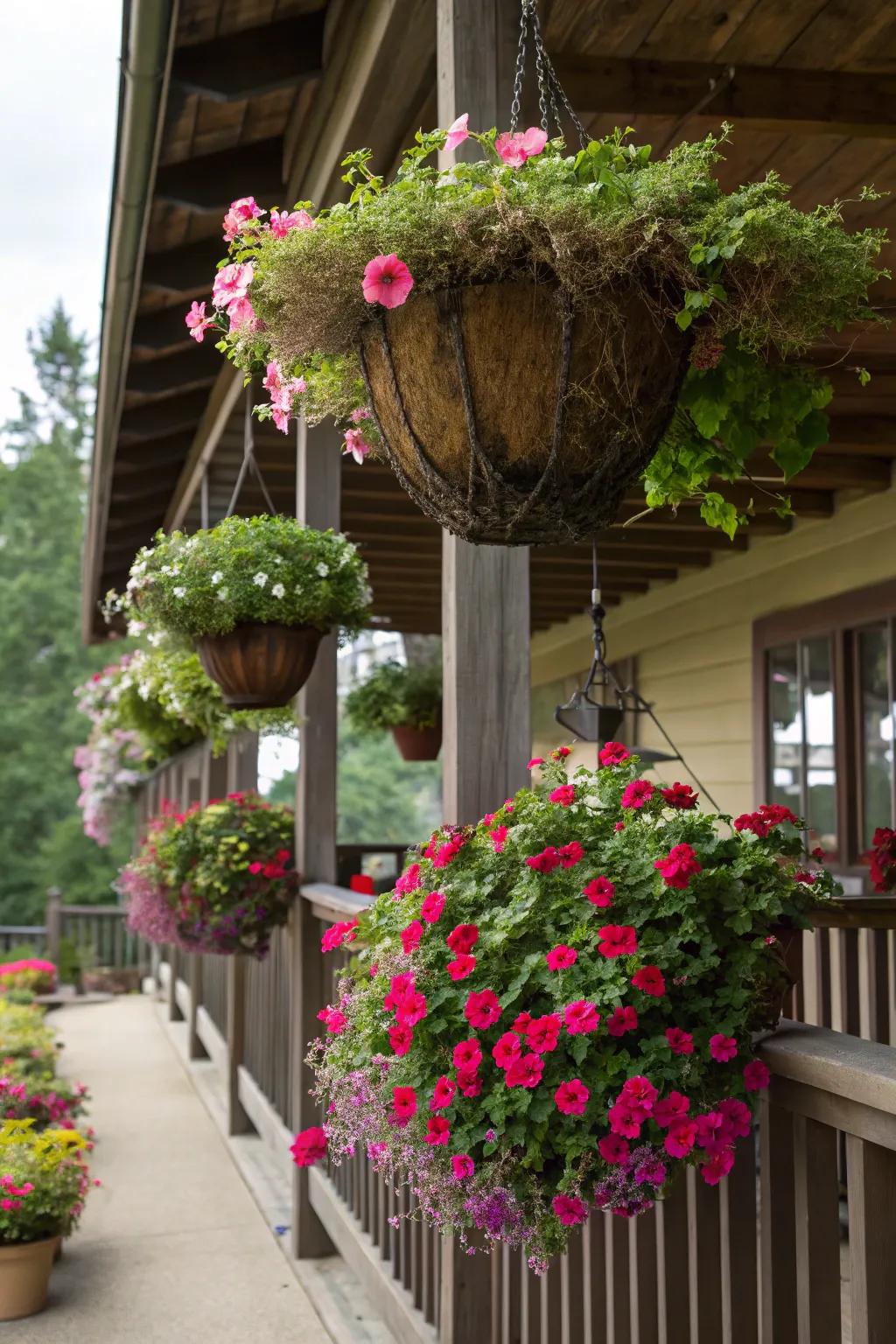 Grace your porch with the allure of hanging ice plant baskets.