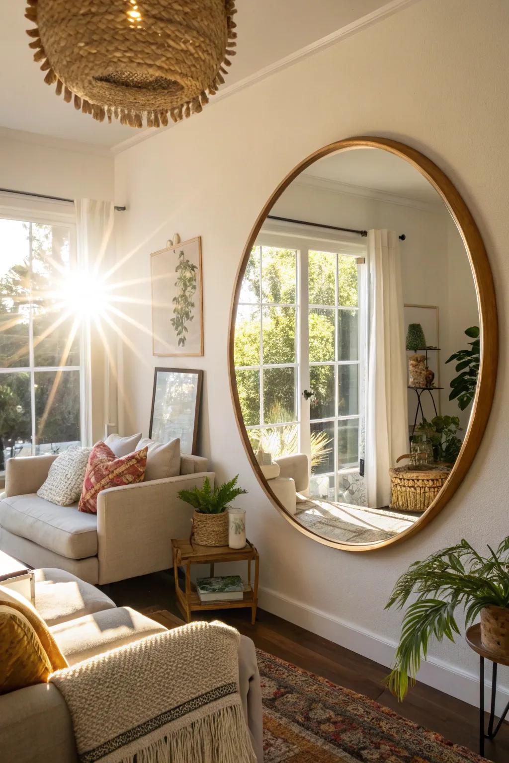 A circular mirror strategically situated to capture sunlight streaming through a window.