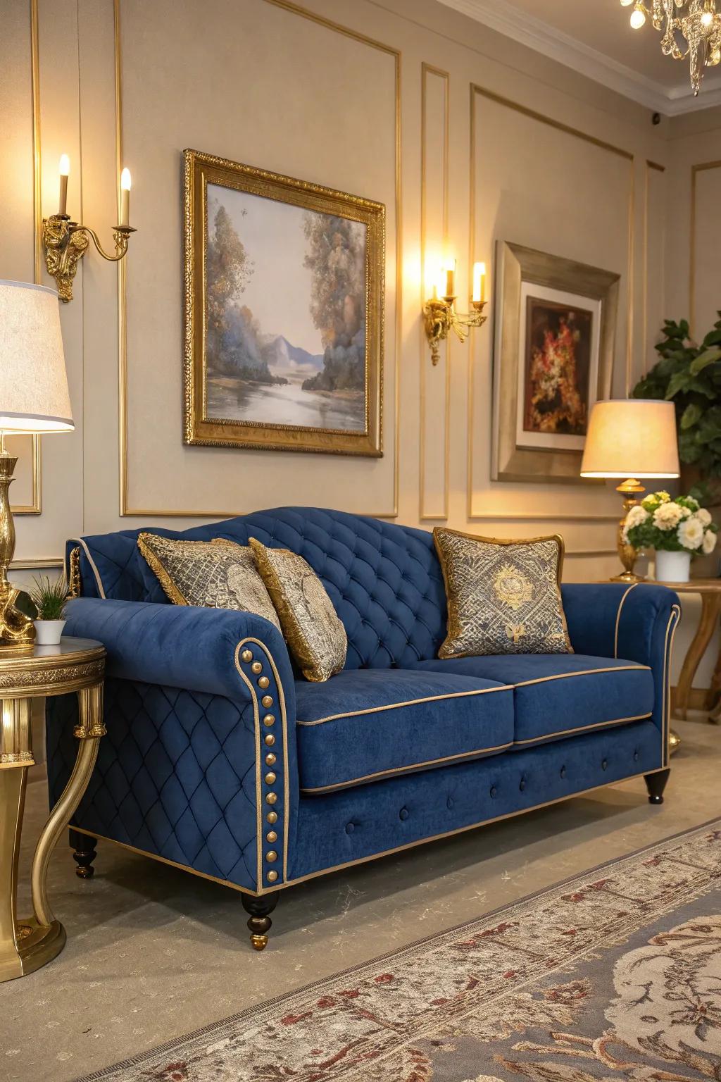 Gilded touches inject a hint of glamour into the cobalt settee, enhancing the room's charm.