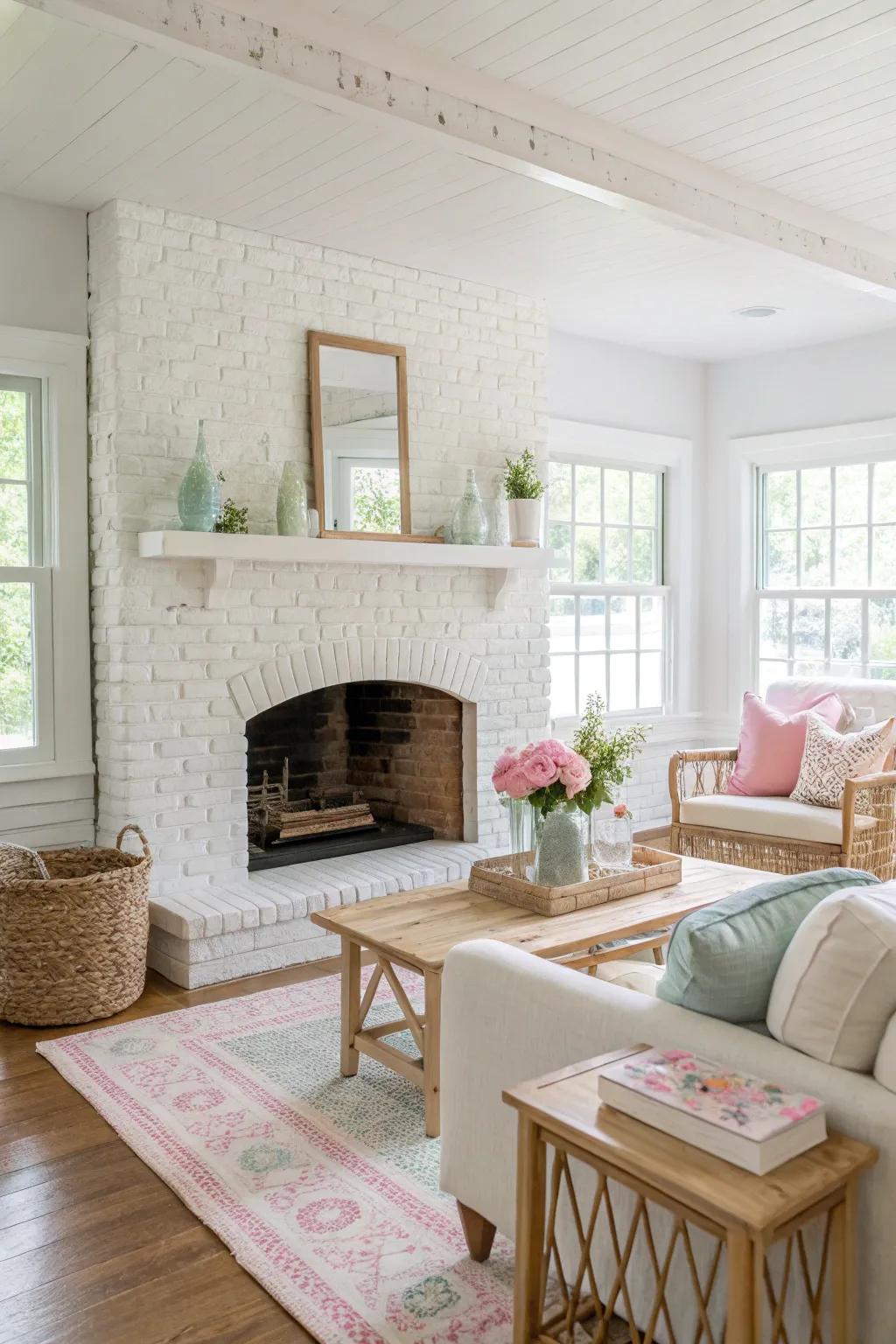 Whitewashed brick fireplace for a fresh and airy atmosphere.