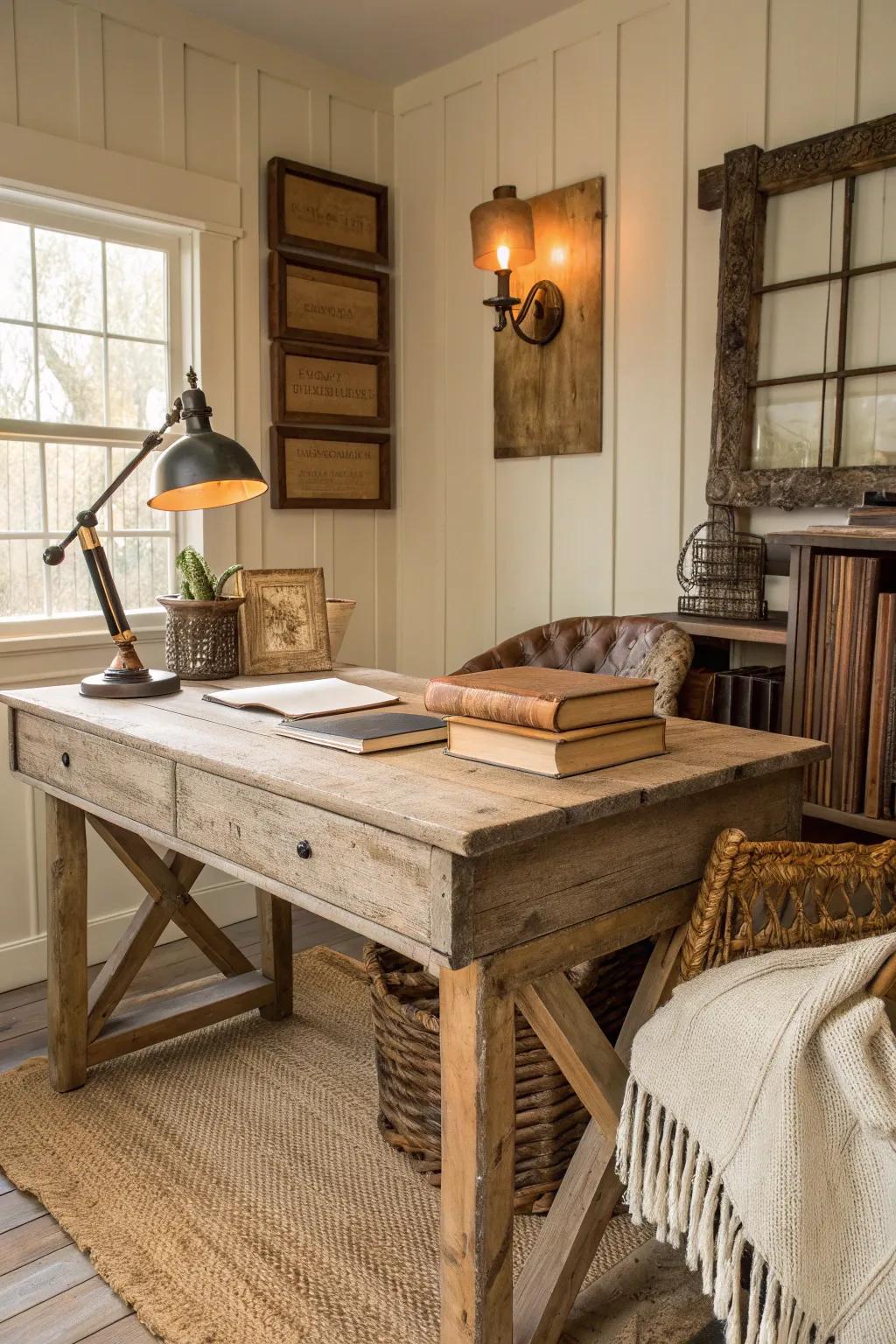 Welcome the allure of an aged timber worktable as the key feature of your rustic office.
