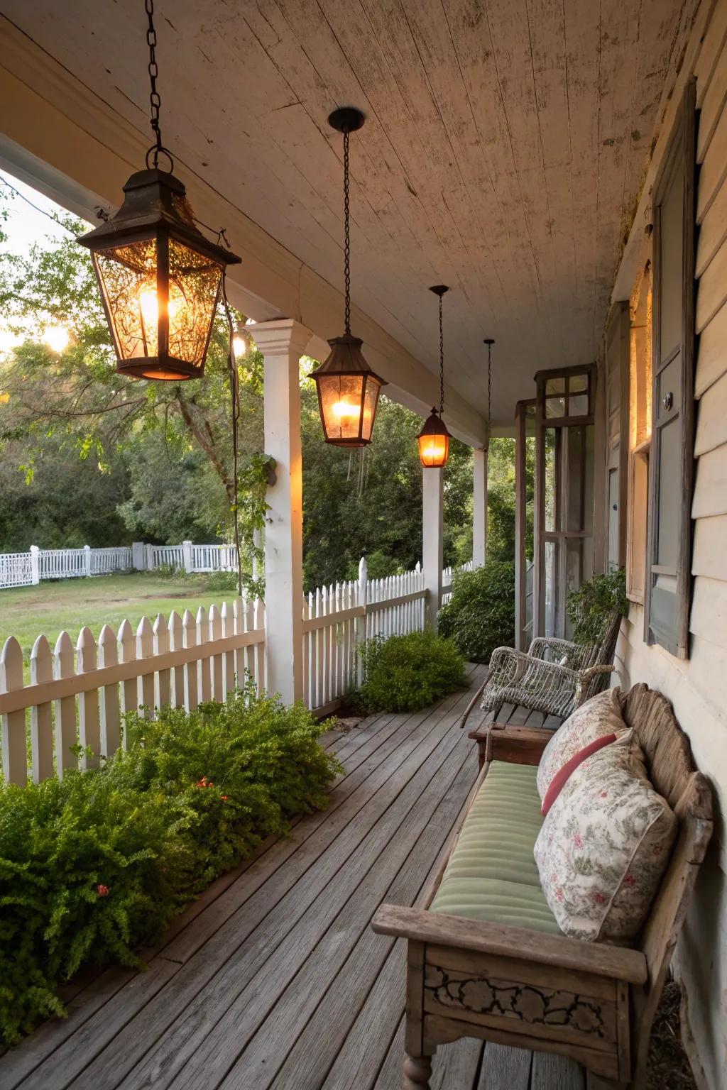 Warm lanterns create a magical atmosphere on a rustic farmhouse porch.