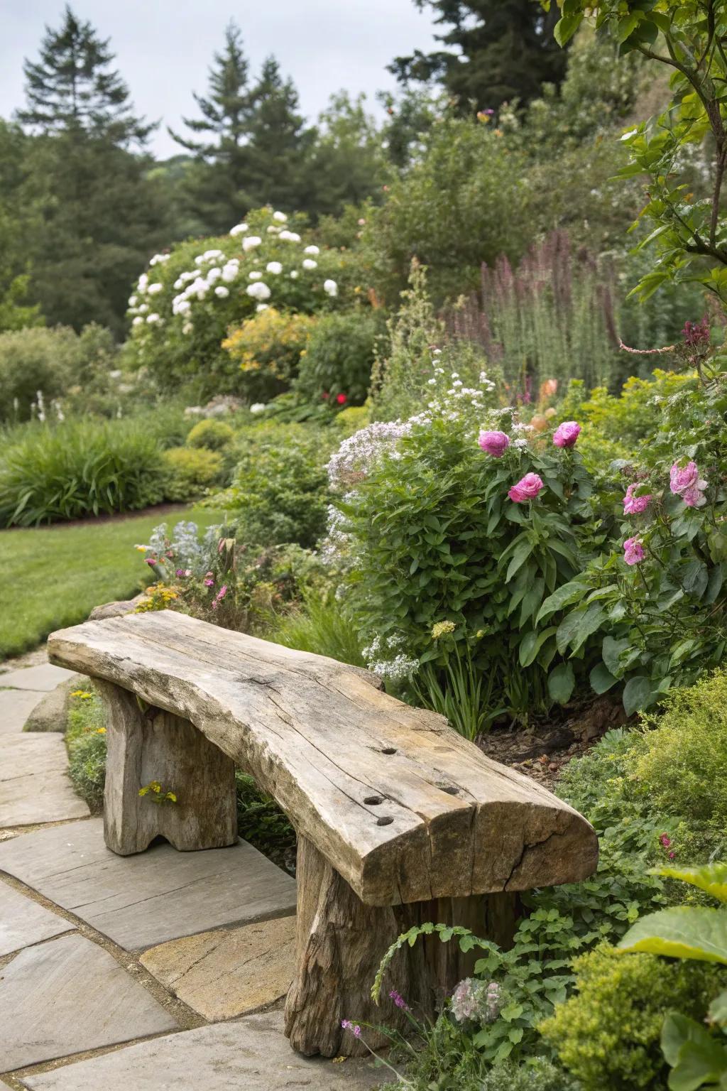 A natural edge garden bench harmoniously integrates with its outdoor environment.
