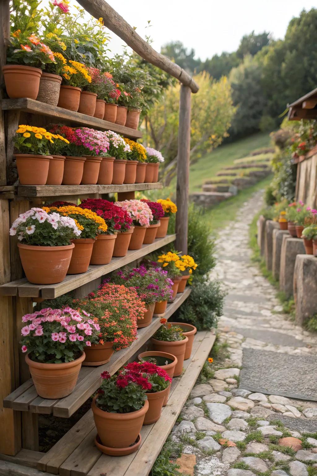 An animated tiered showcase of earthenware pots and flowers.