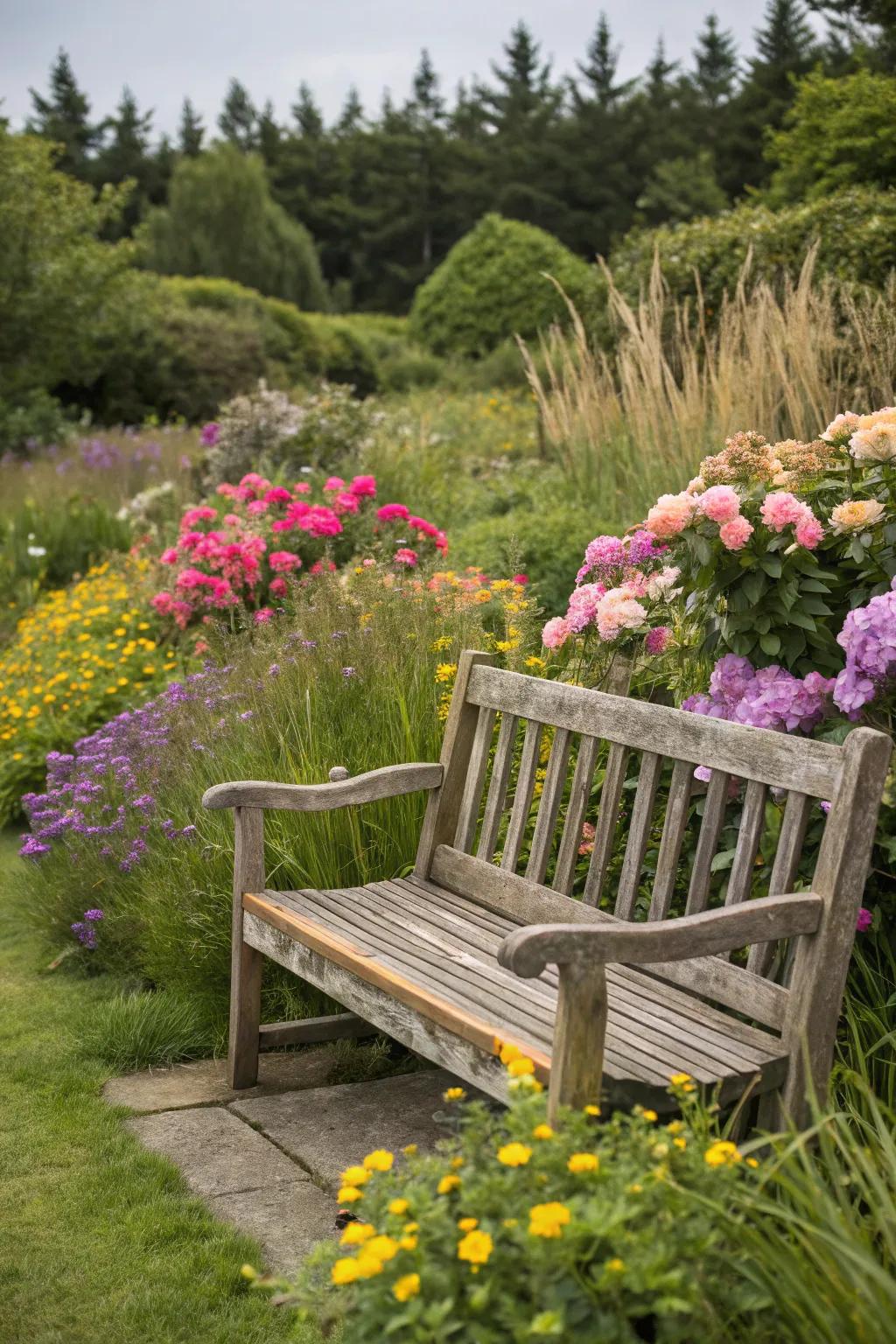 A rustic wooden bench nestled in a vibrant garden.
