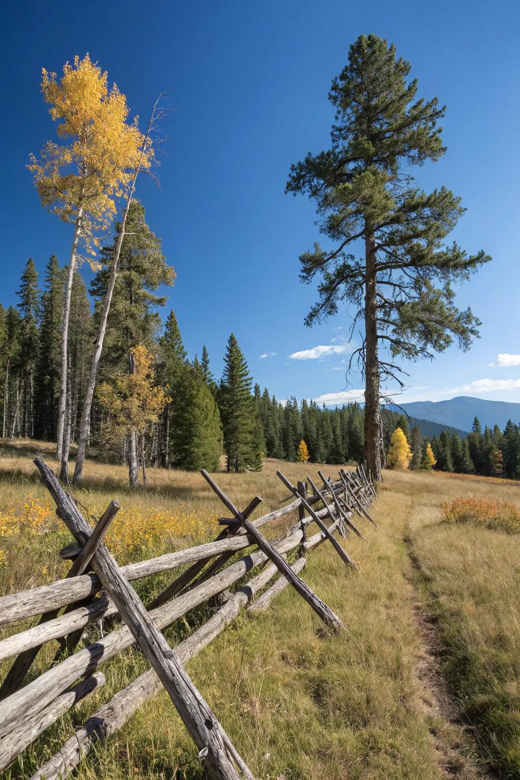 An interwoven log fence introduces a facet of intricate artistry to its natural backdrop.
