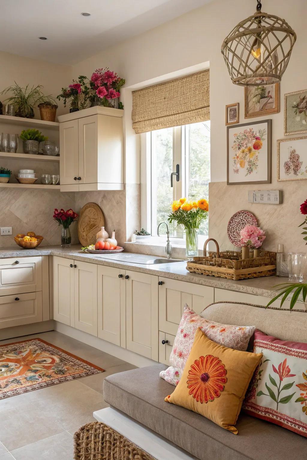 A balanced kitchen featuring a neutral hue scheme and vibrant highlights.