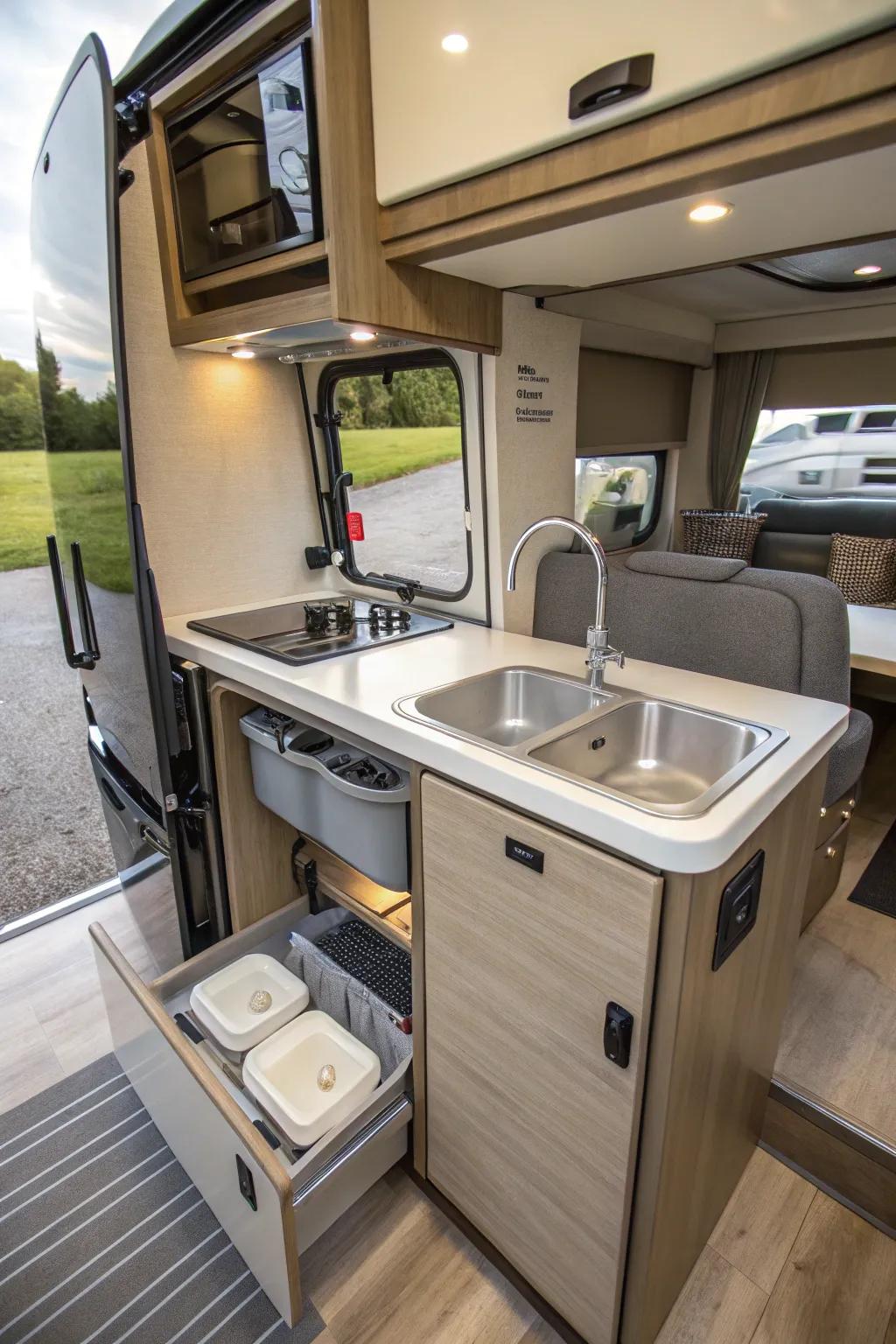 An RV kitchen equipped with a collapsible sink to save space.