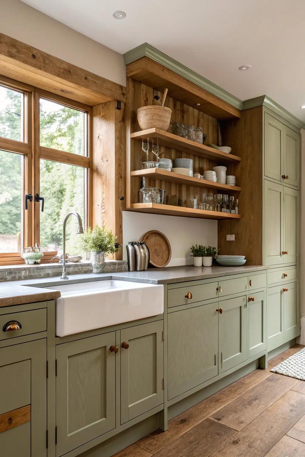 Timber shelving enhancing sage green cabinetry.