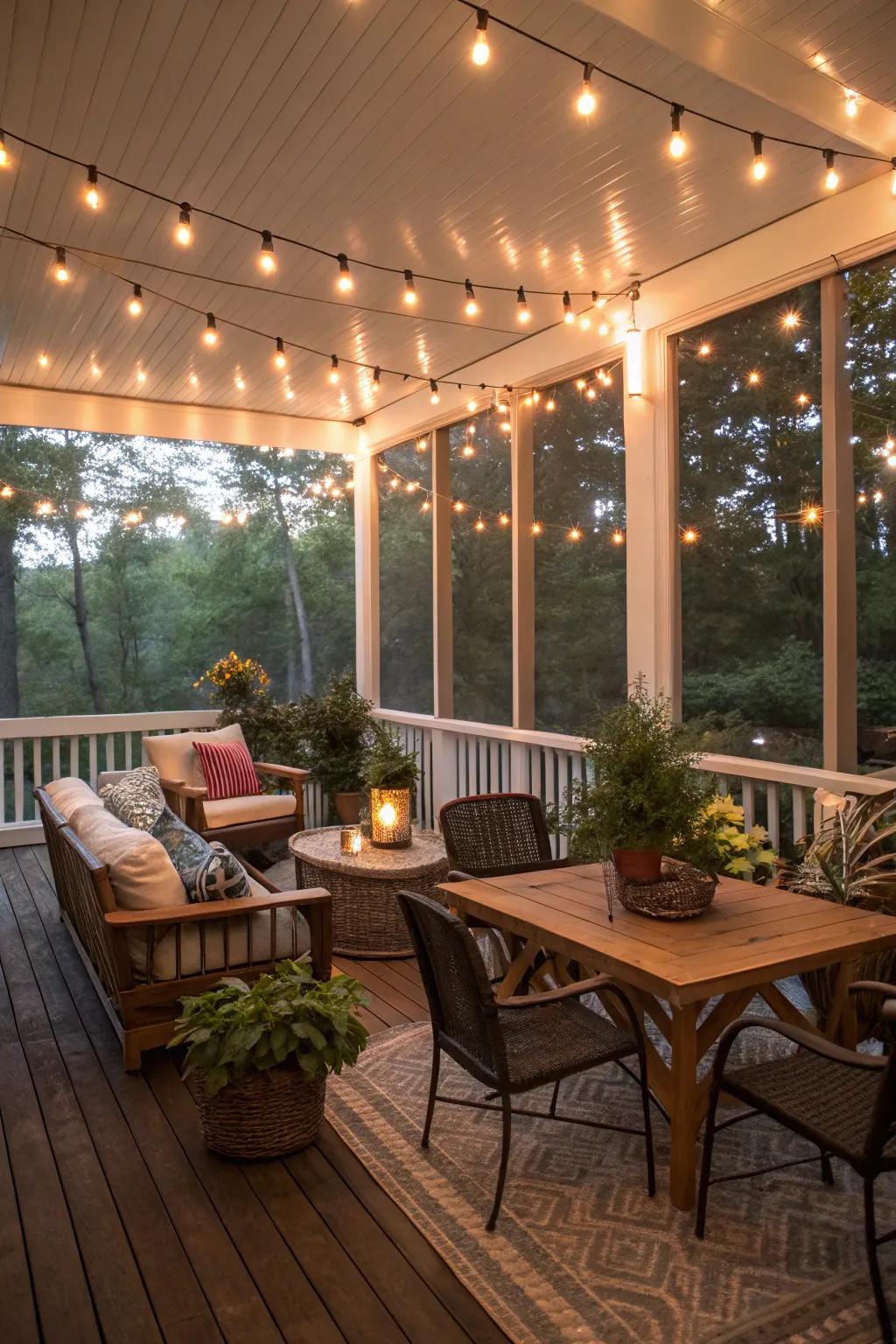 Glittering string lights create a magical mood on the porch.