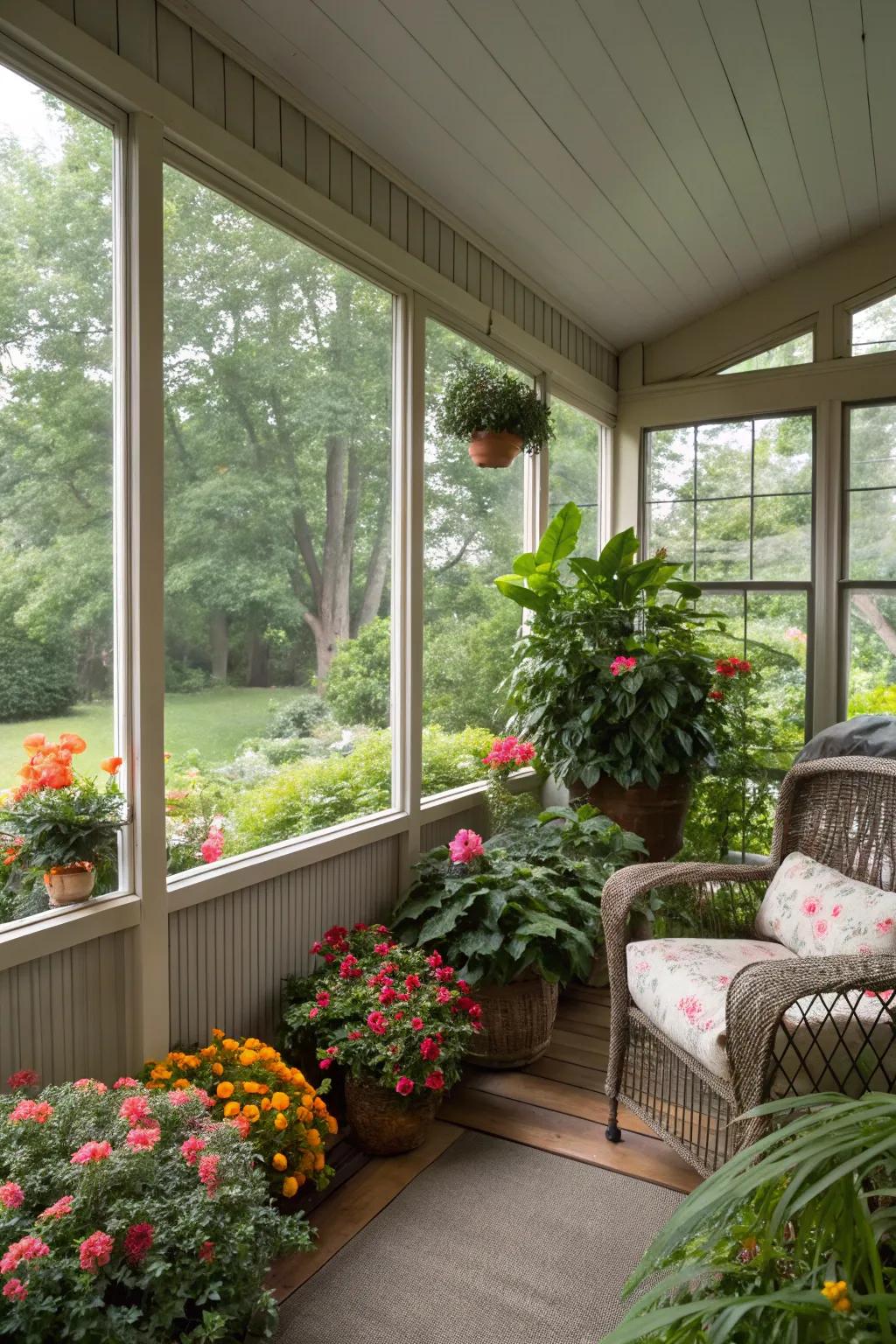 Botanical elements breathe life and charm into the porch.