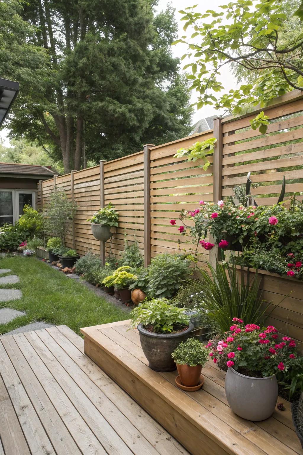 Sleek even boards contribute a contemporary vibe to this verdant backyard haven.