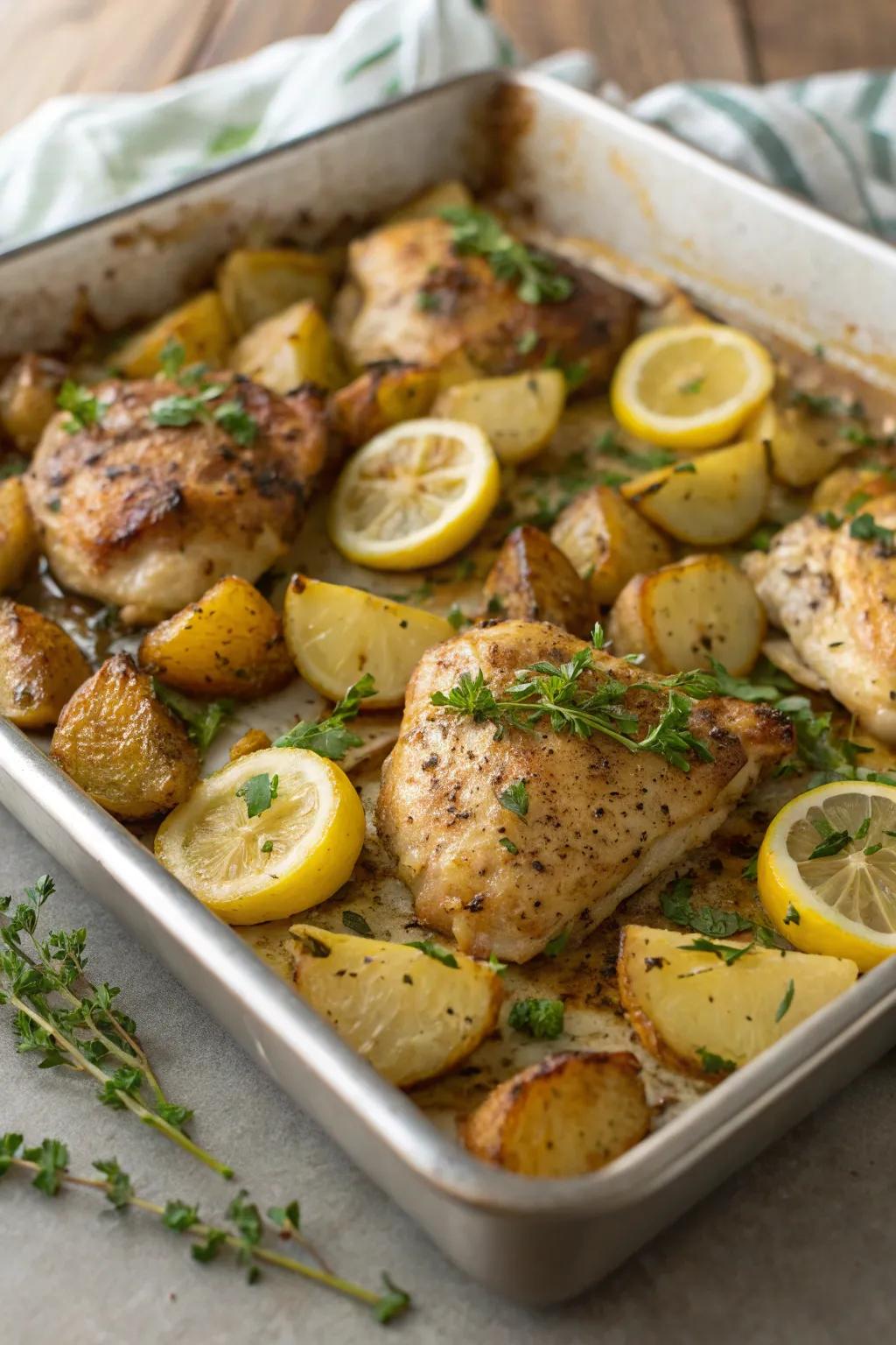Citrus-herb chicken and potatoes, an easy, comforting meal.