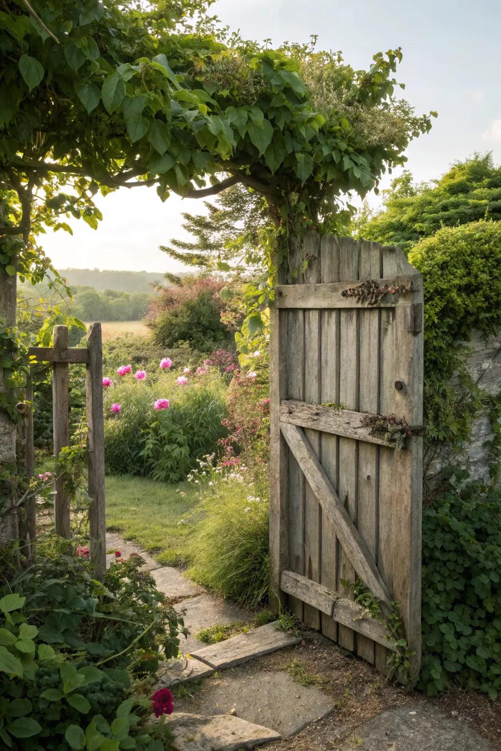 A rustic timber gateway incorporating warmth into the garden setting.