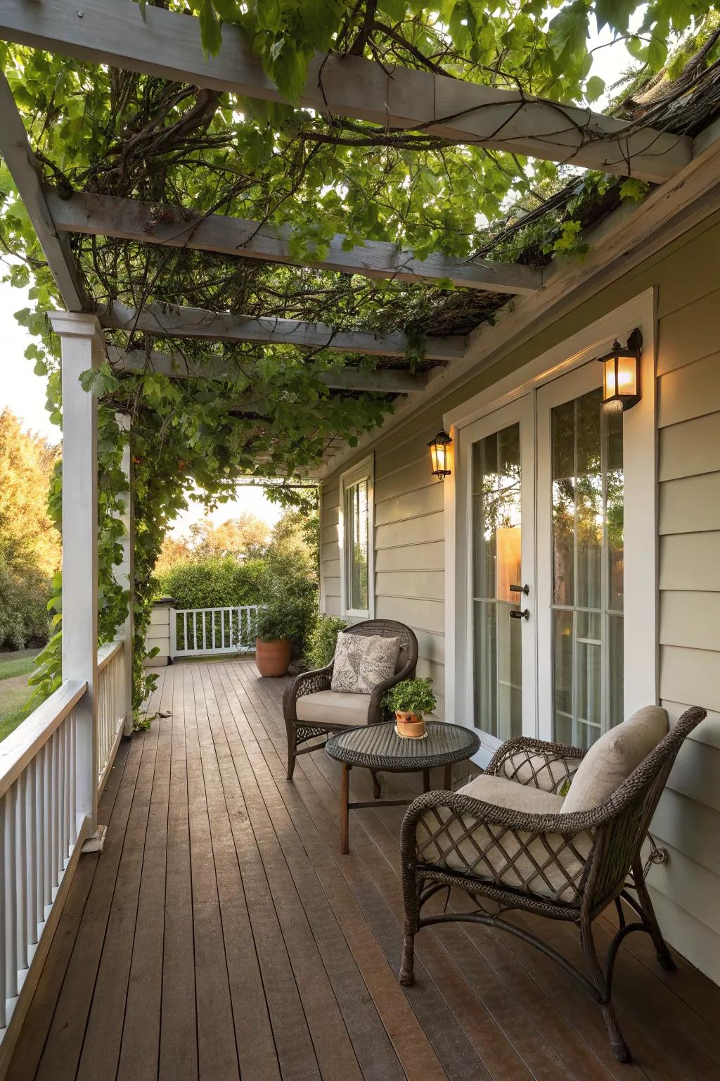 A shaded side porch with a pergola, perfect for enjoying sunny days.