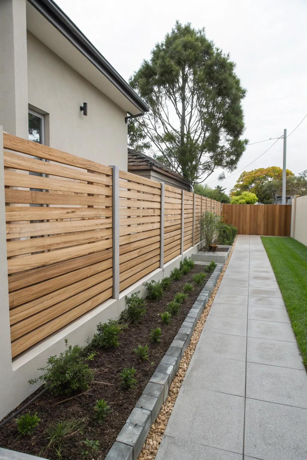 Sleek side yard with horizontal slats.