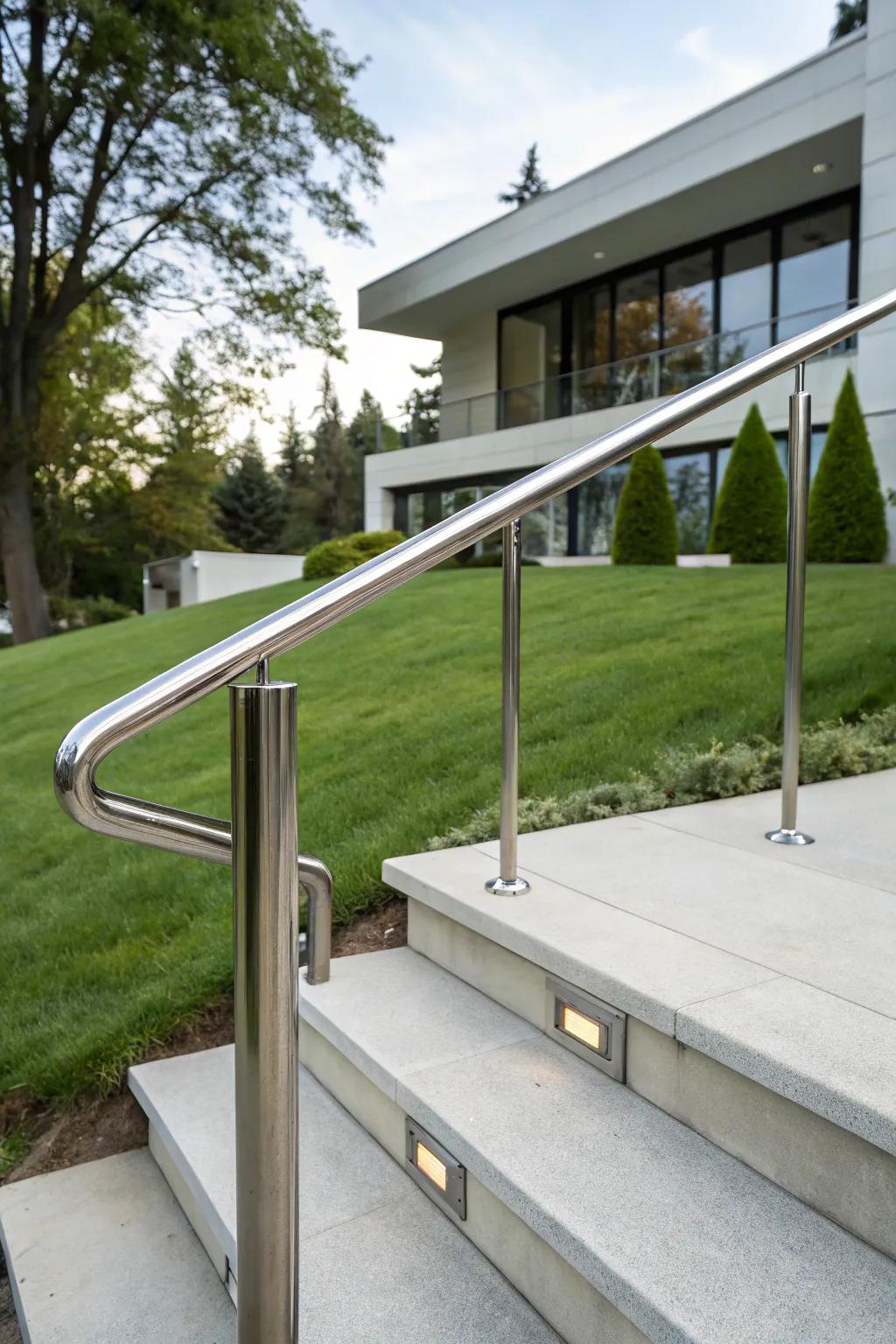 A sleek metal handrail introduces a modern touch to outdoor steps.