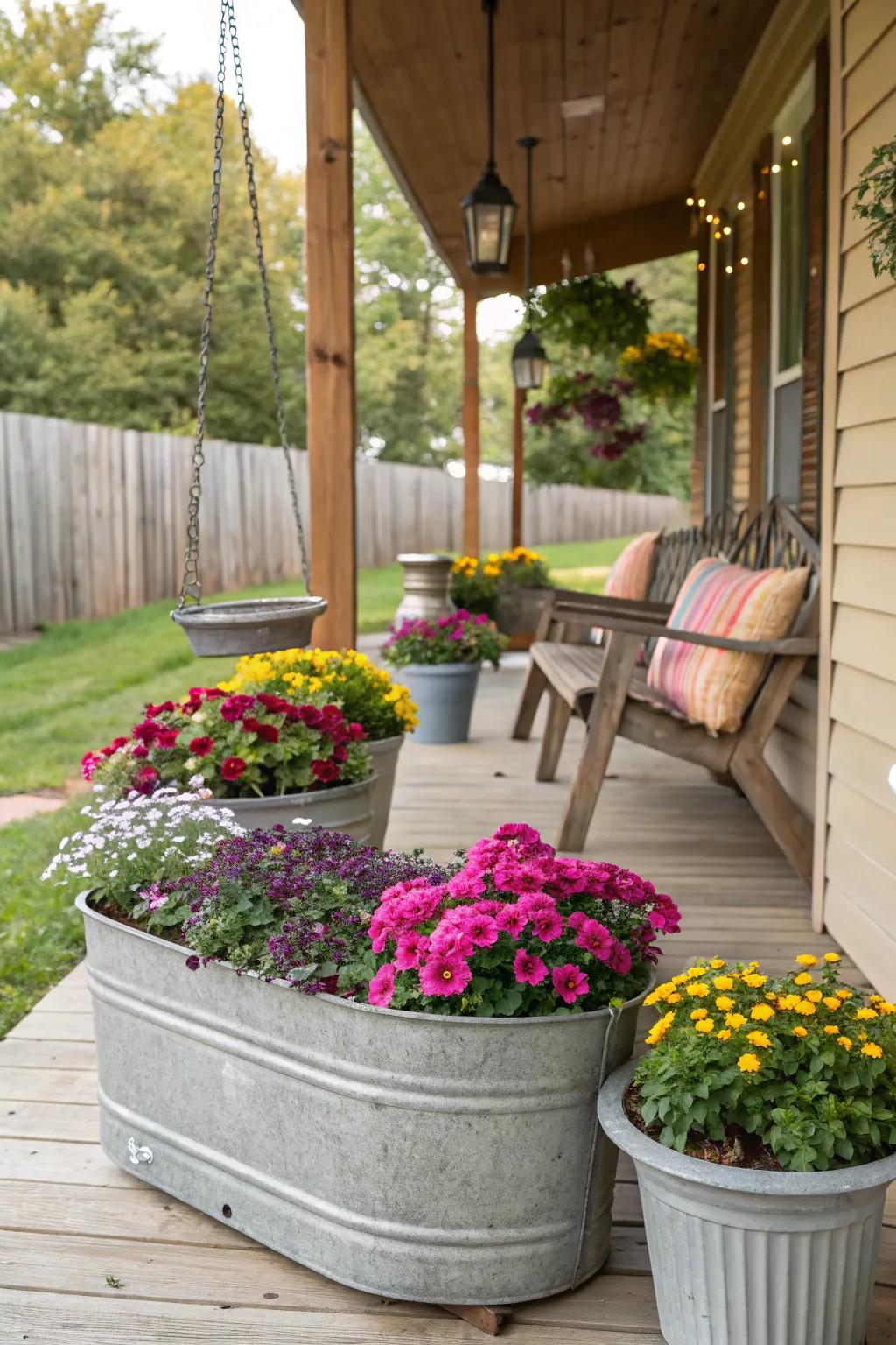 Weathered tubs infuse rustic sophistication into any porch.