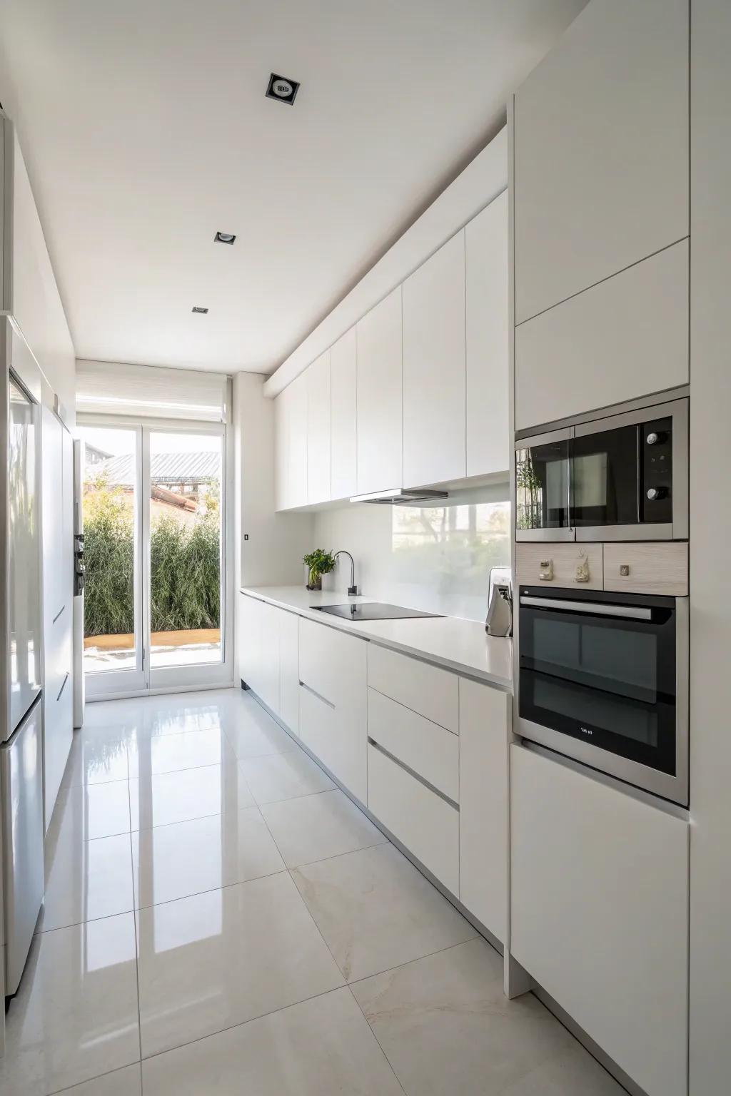 A minimalist white kitchen showcasing polished, clutter-free surfaces.