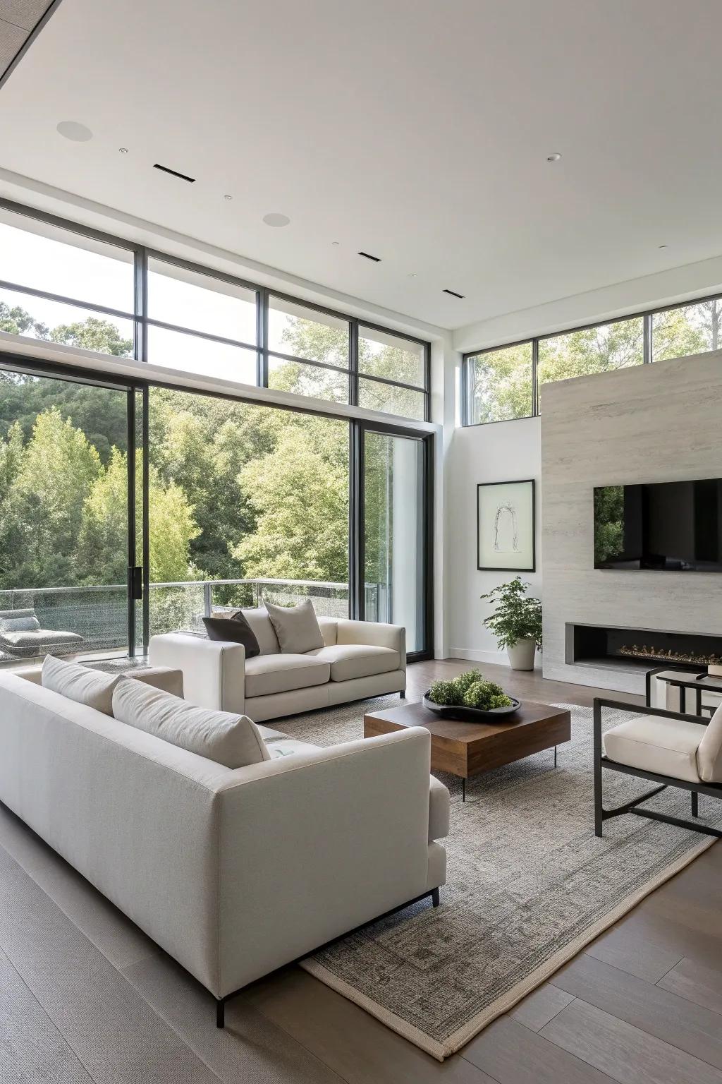 A minimalist living room with sleek, contemporary furniture.