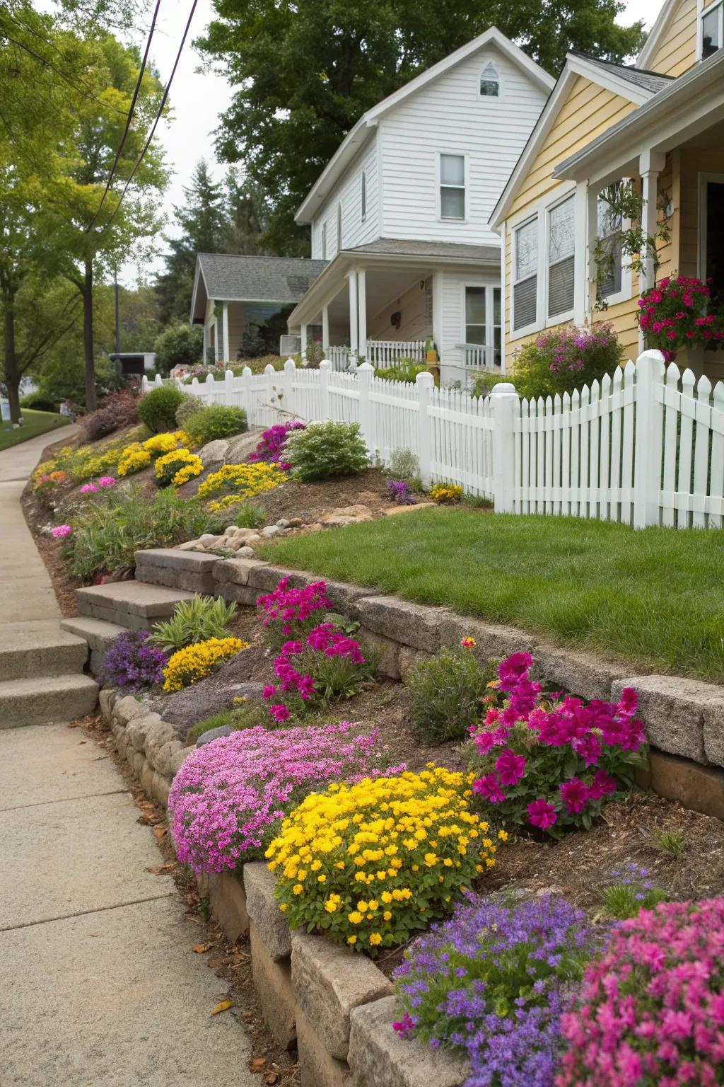 Bright flower beds breathe energy and allure into a sloped yard.