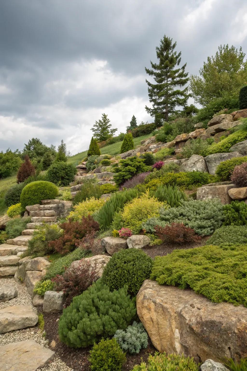 Layered plants create depth and interest in a rock garden.