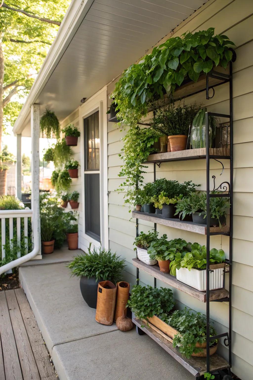 Vertical planters add greenery to a small rear veranda without taking up ground space.