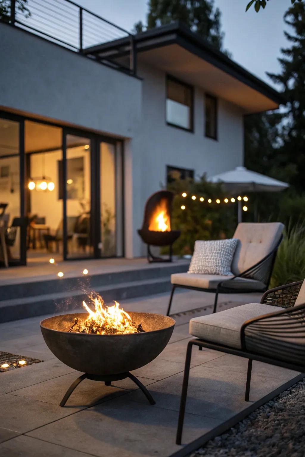 A refined metallic brazier presents contemporary appeal for a restricted courtyard arrangement.