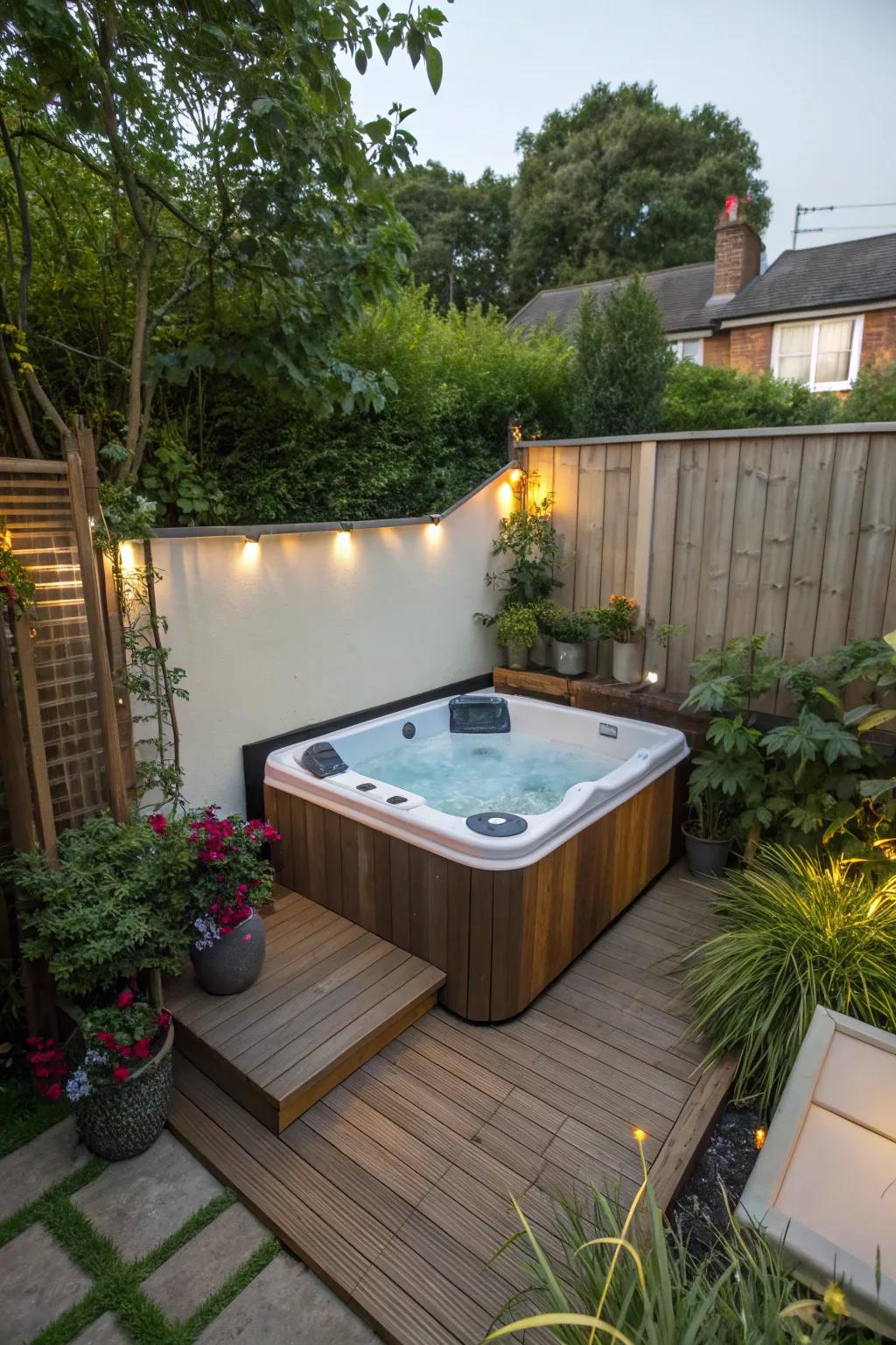 A small backyard showcasing a compact spa flawlessly integrated into a corner.
