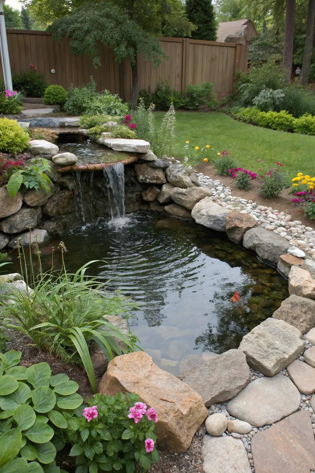 A mini waterfall adds soothing sound and movement to a small pond.