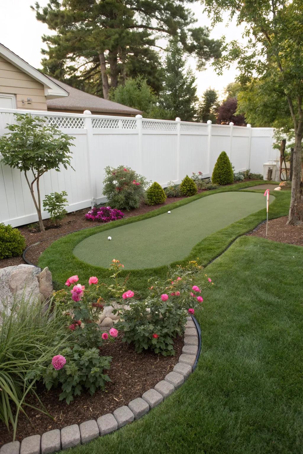 A custom-shaped putting green flawlessly tailored to a modest backyard.