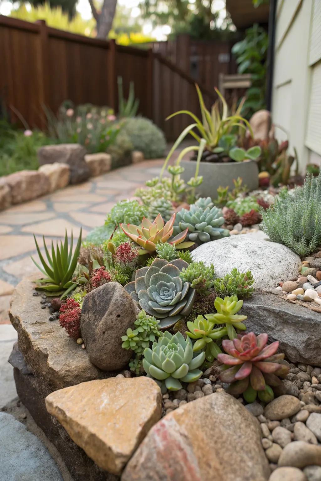 A colorful arrangement of succulents in a corner rock garden.