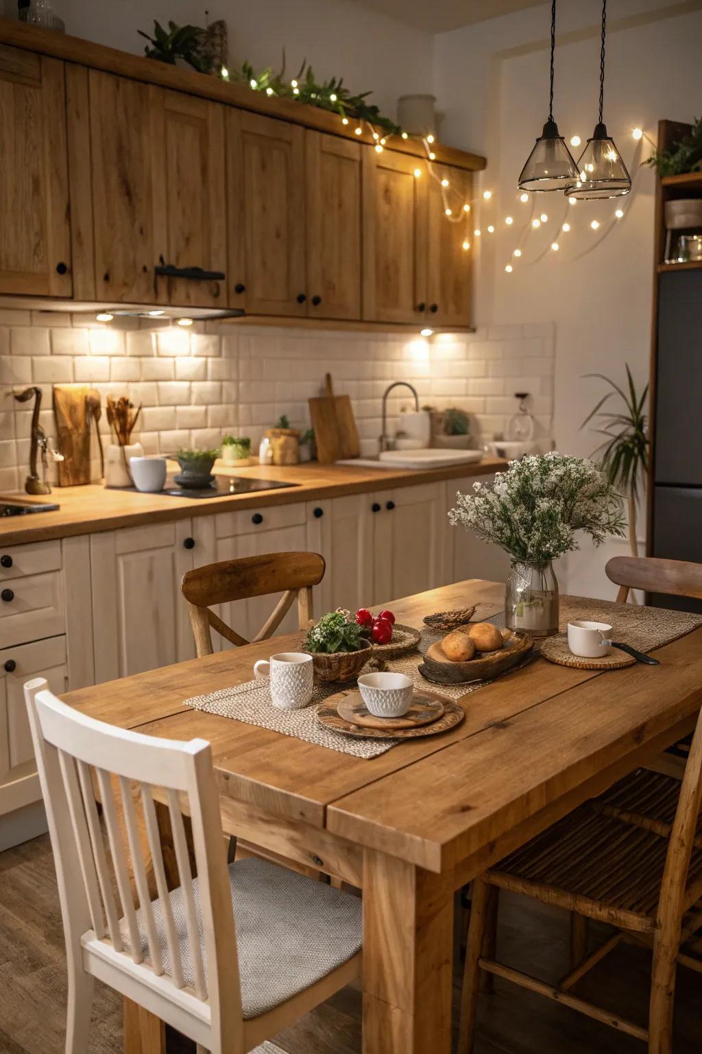 Natural wood accents add warmth and a rustic touch to any country kitchen.