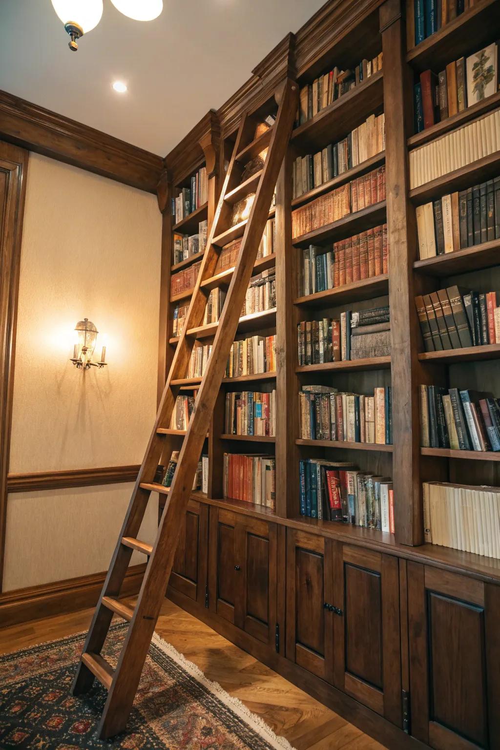 A library ladder adds elegance and functionality to compact spaces.