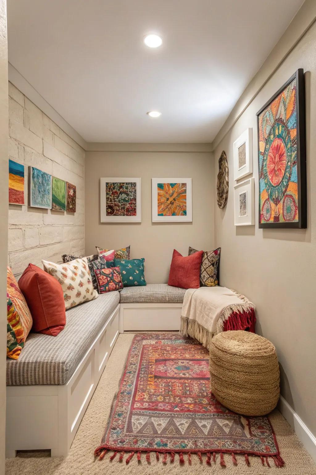 Soft shades combined with lively highlights craft a balanced space.