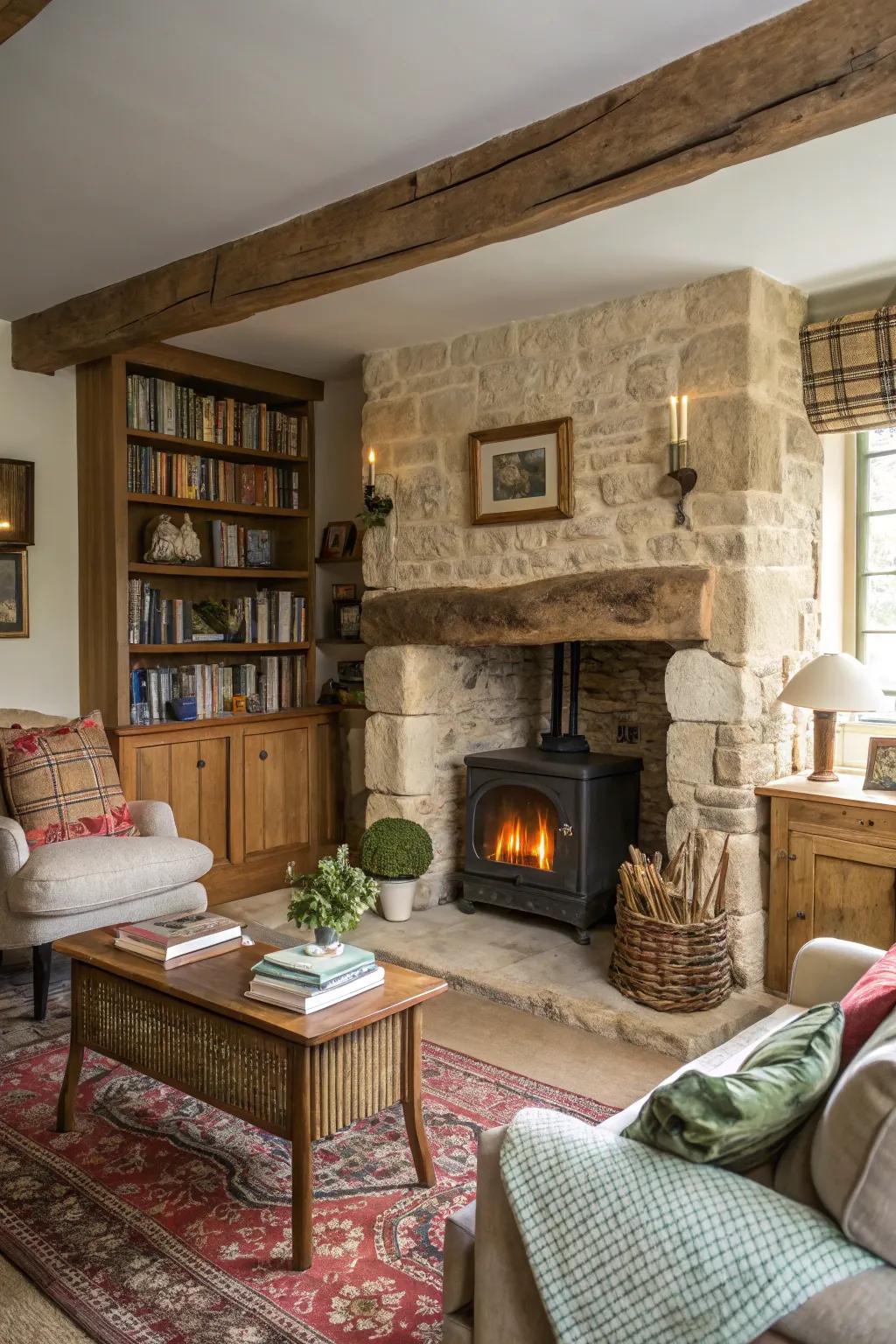 A stone fireplace acts as a warm focal point in this cottage living room.