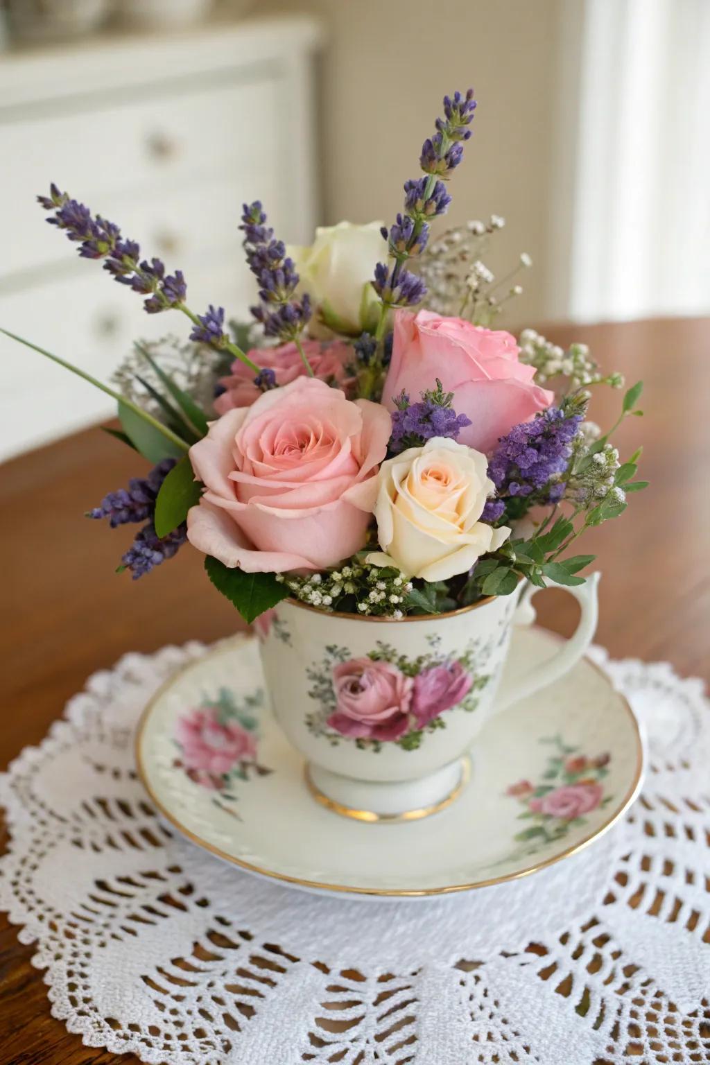 Vintage teacups make for elegant flower holders.