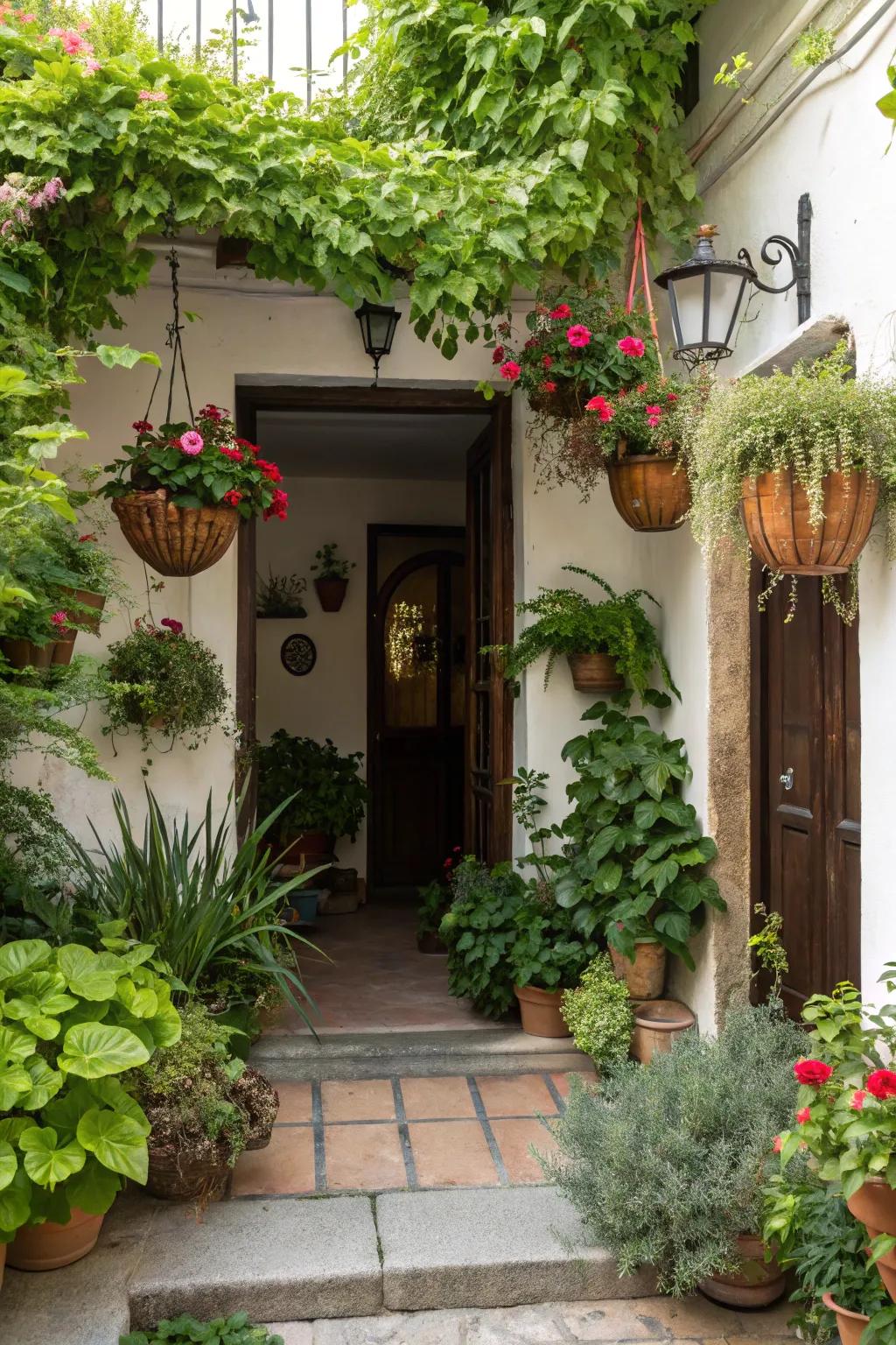 Greenery amplifies the natural charm of a small entrance.