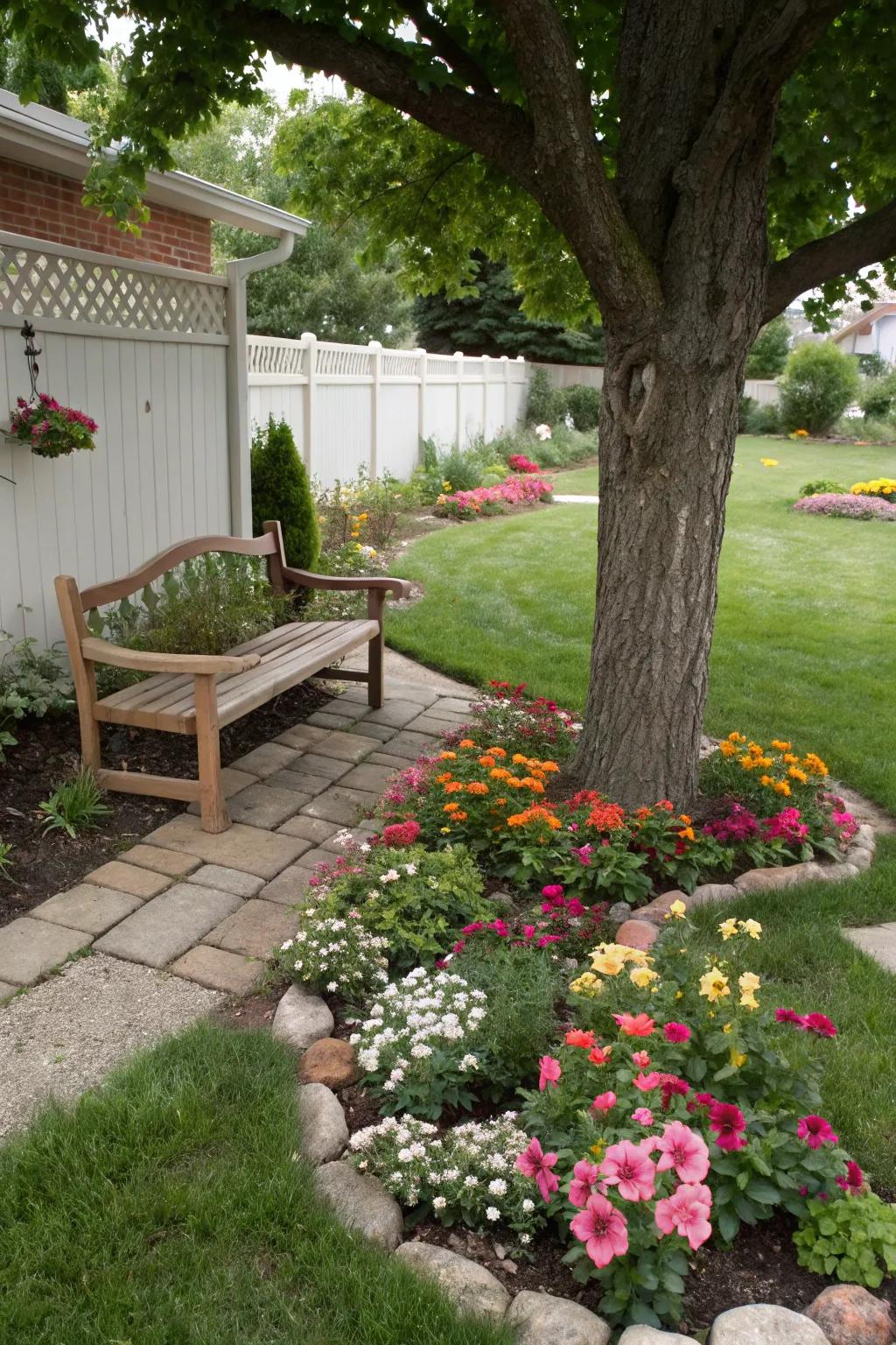 A comfy bench is an invitation to relax in your front yard.