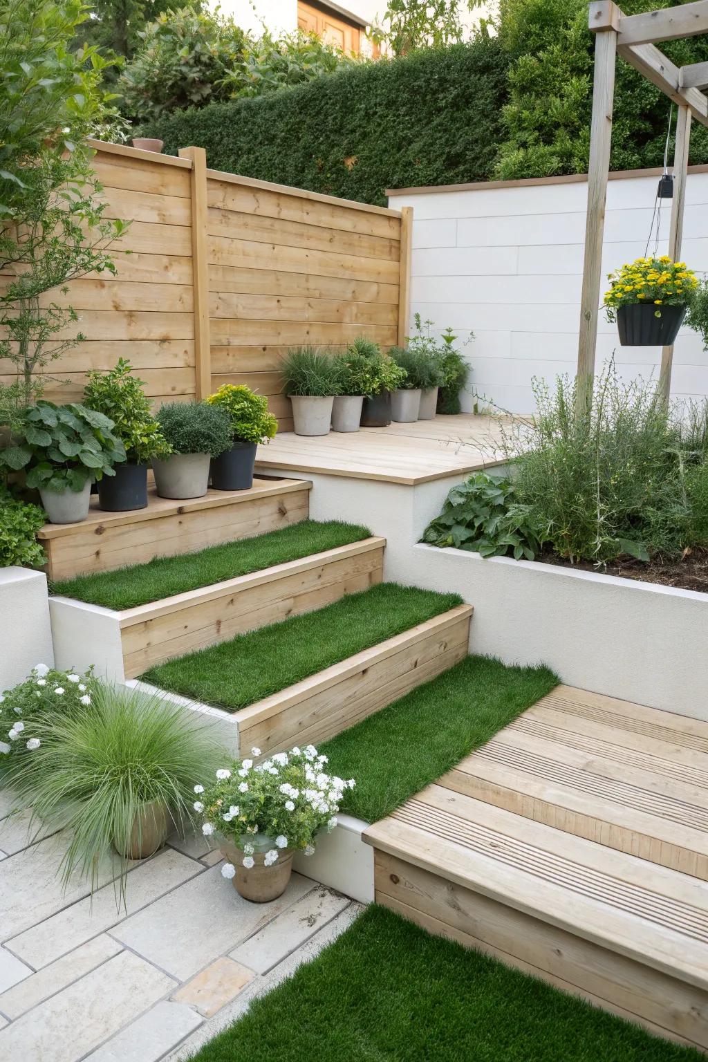 Elevate your garden with enchanting floating grass steps for a magical touch.