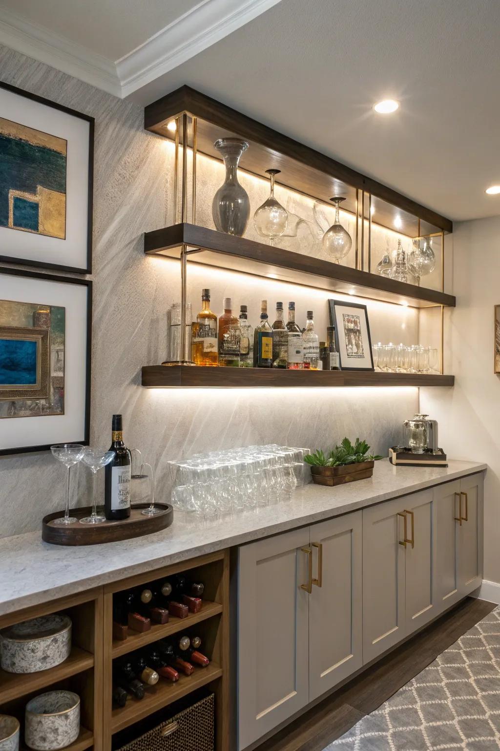 Any small home bar will benefit from the addition of wall-mounted shelves.