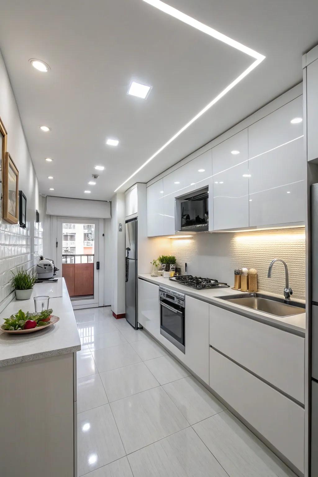 Recessed lighting keeps a small kitchen bright and uncluttered.