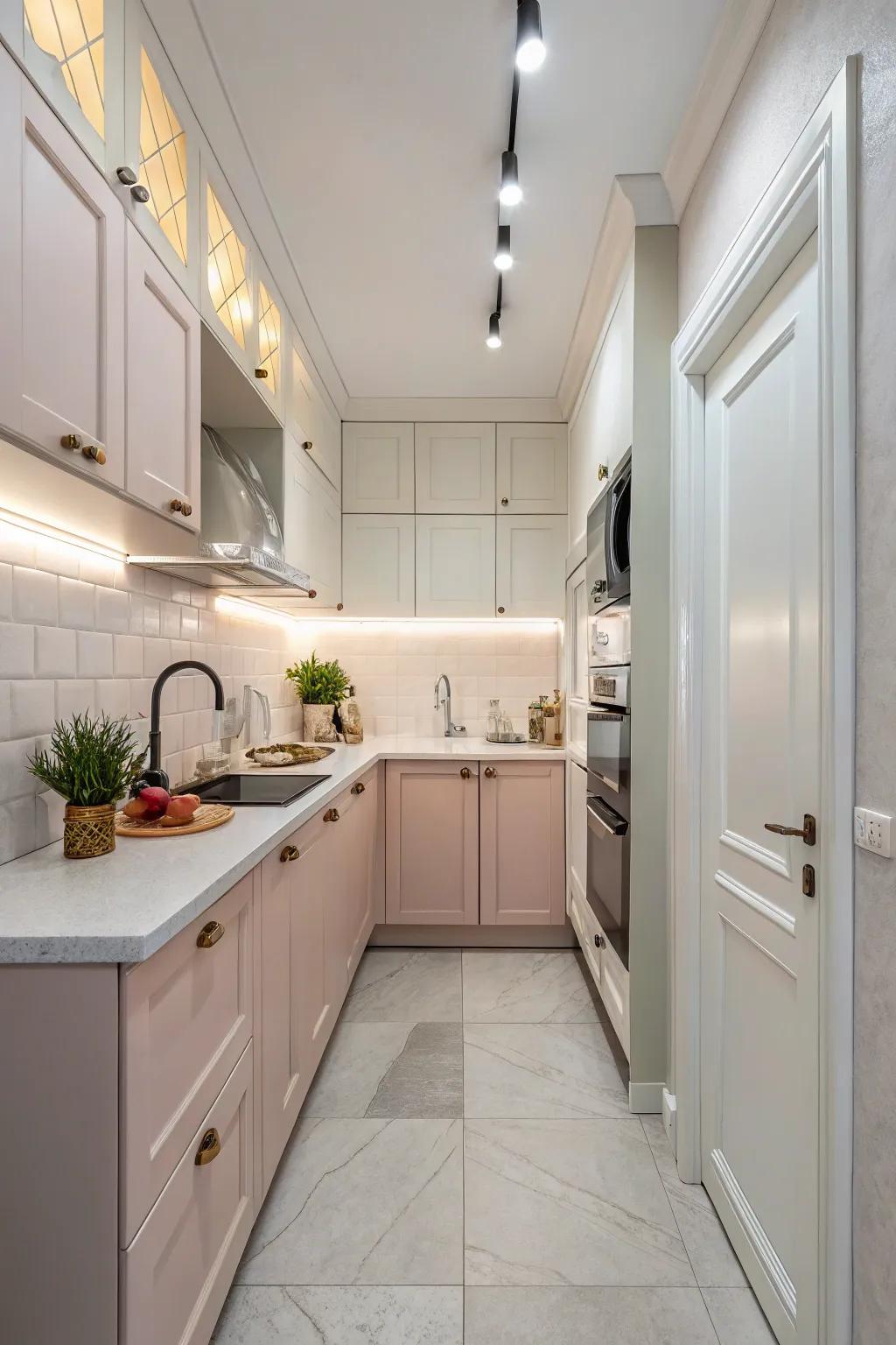 Radiant tones and illumination convert a compact kitchen into an inviting retreat.