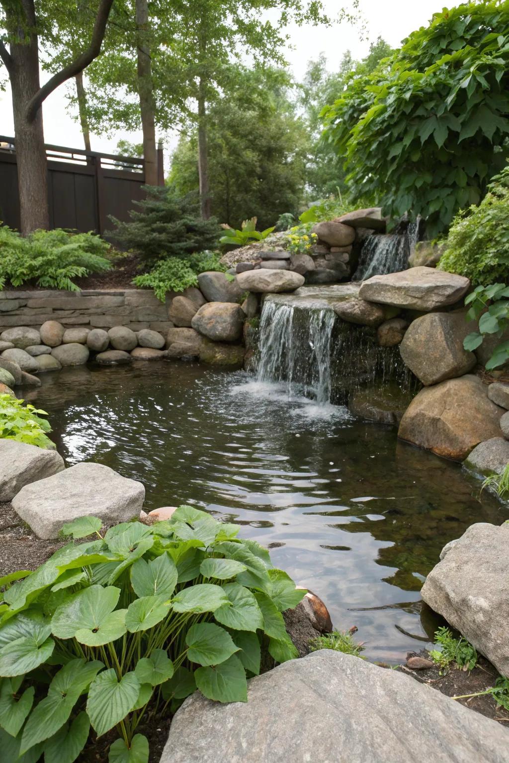 An enthralling little waterfall in a small koi pond.