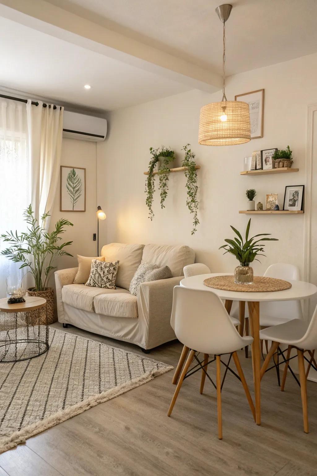 Neutral hues maximizing the feeling of space in a compact combined room.