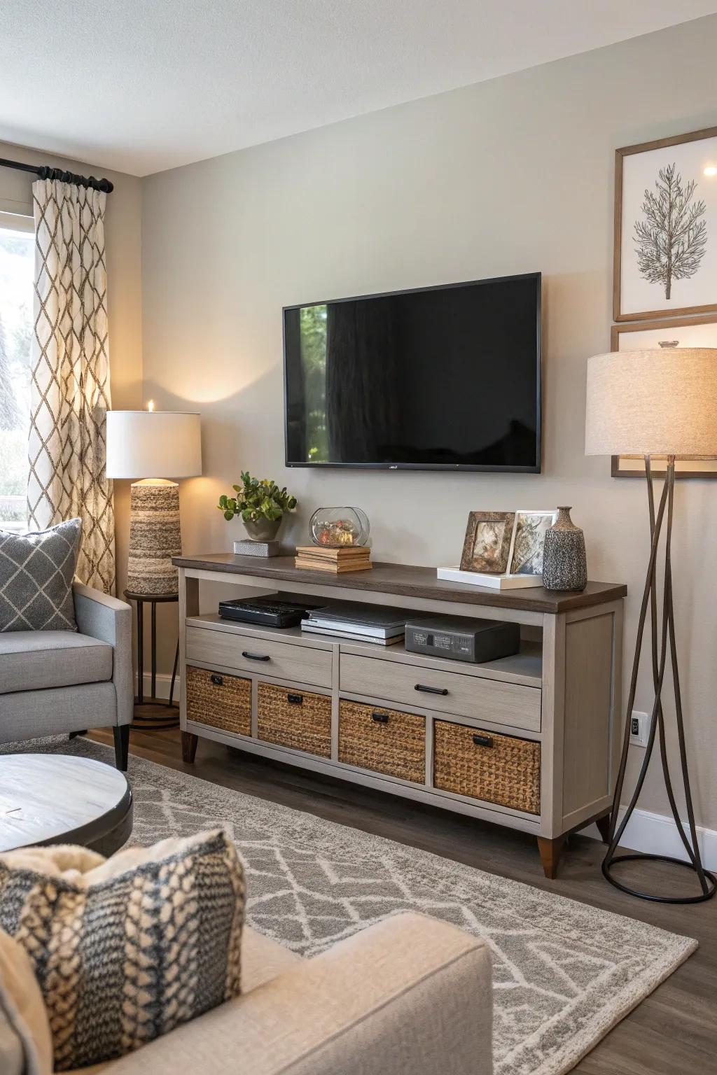 A wall-mounted TV maximizes space and introduces a contemporary touch.